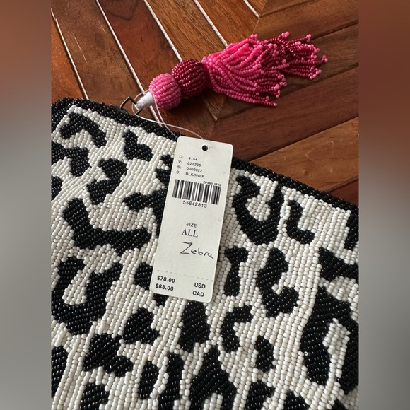 Anthropologie Black & White Beaded Leopard Clutch with Pink Tassel - Picture 3 of 13
